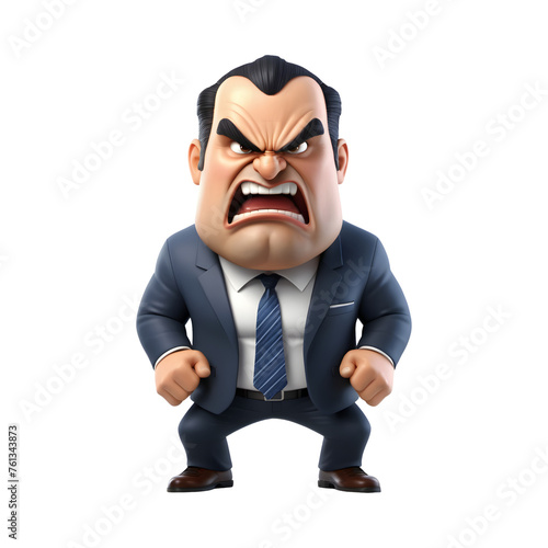 3D angry businessman cartoon on transparent background