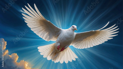 Heiliger Geist Symbol zu Pfingsten: Strahlende Taube im Himmelslicht