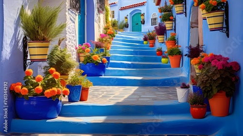 Escadaria azul e parede decorada com colorido
 photo