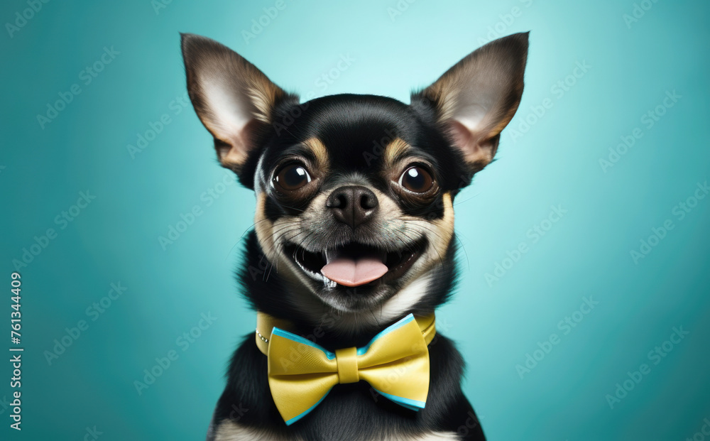 Cheerful Chihuahua with yellow bow tie on turquoise background.