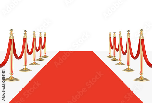 Red carpet on stairs with red ropes on golden stanchions. Png clipart isolated on transparent background