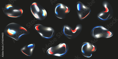 Set 3D Glass transparent Liquid Shape. Water Bubbles kit isolated black background. Gradient fluid balloons.  3D Glass Vector illustration can used web design. EPS 10
