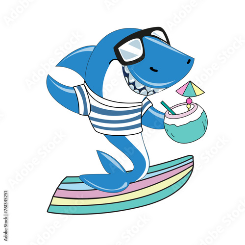 Funny cartoon shark with sunglasses on a surfboard on a white background. Summer concept for kids
