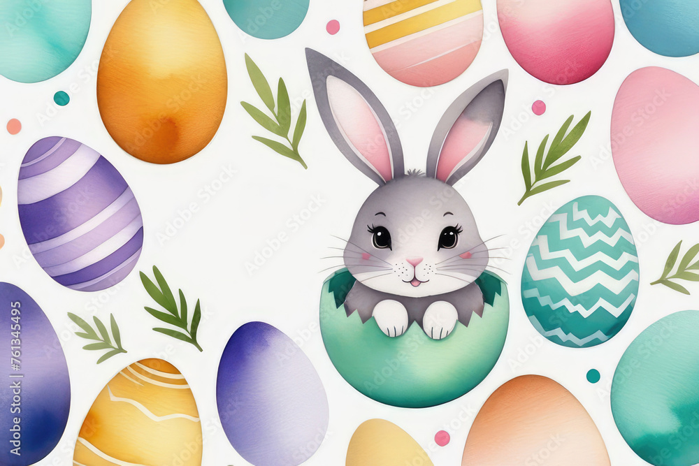 Obraz premium Watercolor hand drawn with sweet hand drawn bunnies, eggs and botanical elements seamless pattern.