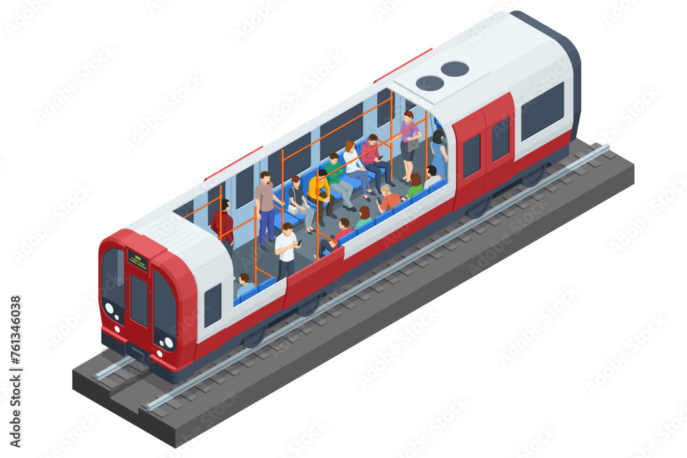 Isometric Subway underground train. People Passangers In Subway. Commuting passengers. - obrazy, fototapety, plakaty 