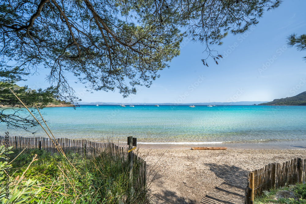 Beautiful Notre Dame beach (Plage Notre-Dame) on Porquerolles island (l'île de Porquerolles), France