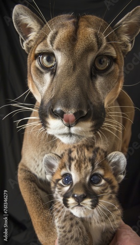 Male puma and cub portrait with object, allowing ample space on the left for adding text or captions