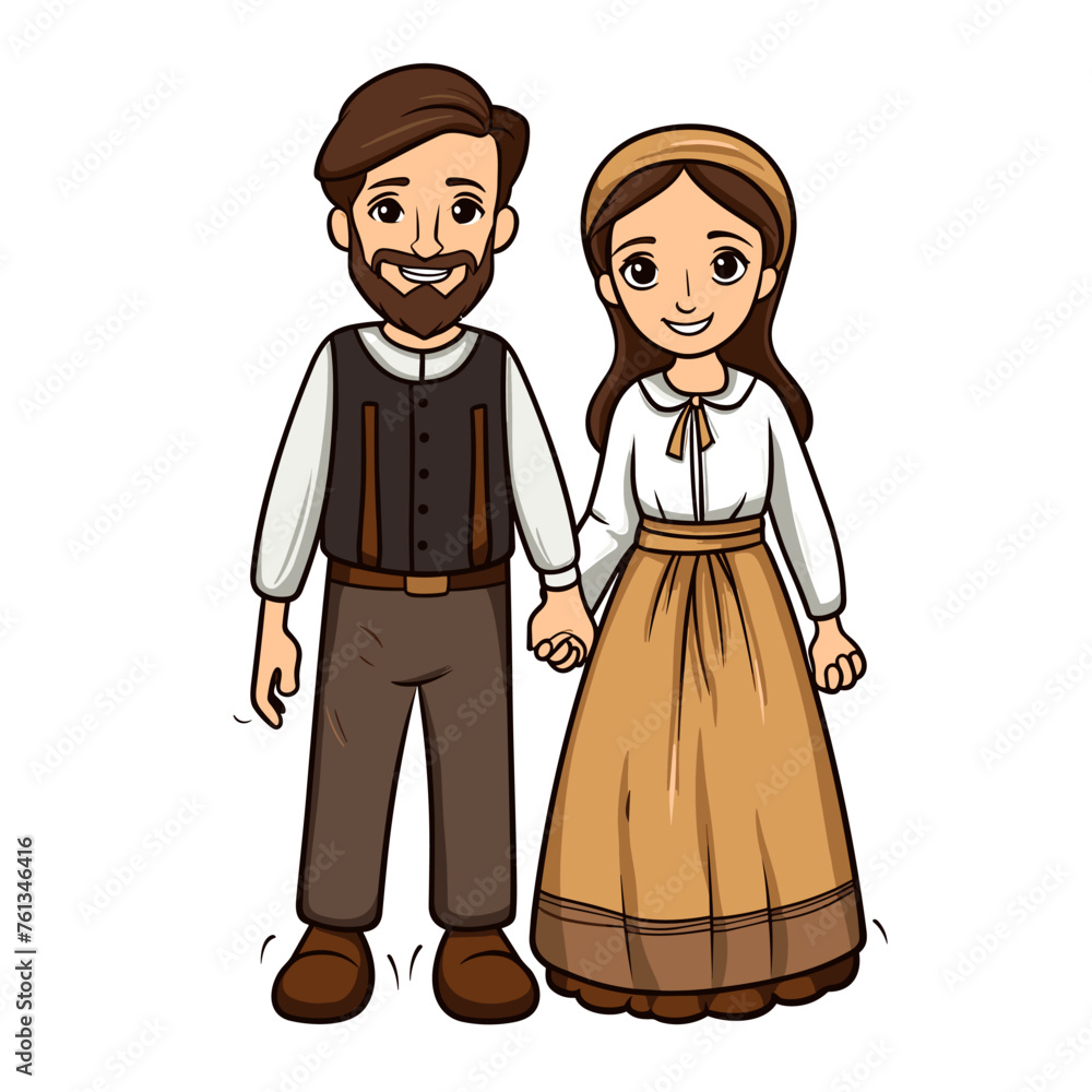Amish couple hand-drawn comic illustration. Amish couple. Vector doodle style cartoon illustration