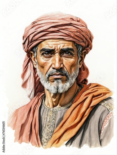 A typical citizen man of umayyad caliphate hand drawn sketch portrait on plain white background from Generative AI photo