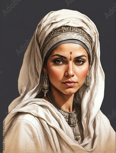 A typical citizen woman of abbasid empire hand drawn sketch portrait on plain white background from Generative AI photo