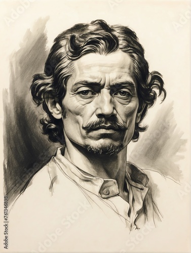 Eugne Delacroix hand drawn sketch portrait on plain white background from Generative AI photo