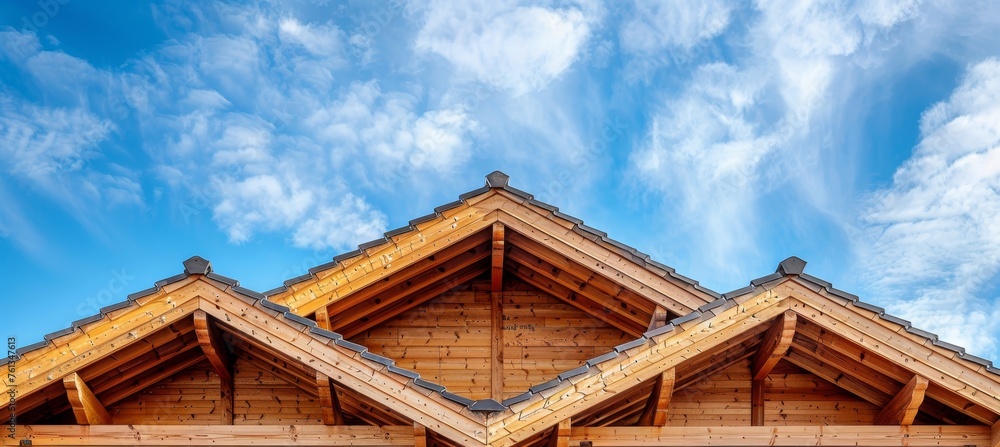 Residential wood frame construction home framing under blue sky with space for text Residential wood frame construction home framing under blue sky with space for text