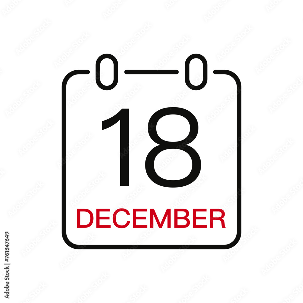 December 18 date on the calendar, vector line stroke icon for user interface. Calendar with date, vector illustration. December 18 date on the calendar, vector line stroke icon for user interface. Calendar with date, vector illustration.