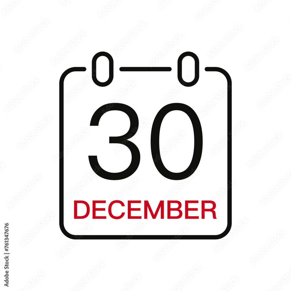 December 30 date on the calendar, vector line stroke icon for user interface. Calendar with date, vector illustration. December 30 date on the calendar, vector line stroke icon for user interface. Calendar with date, vector illustration.