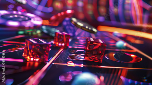 Close-up of gaming dice and chips against the backdrop of a luxury casino. Betting concept. Generative AI