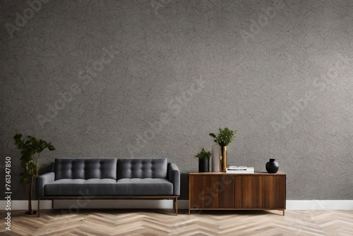 modern living room with sofa, Explore the abstract design of a textured gray wallpaper, meticulously crafted to transform the wall into a captivating canvas