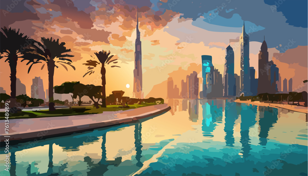 Dubai city skyline panorama at sunset
