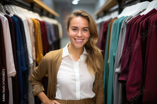 Confident businesswoman in a clothing store, smiling.