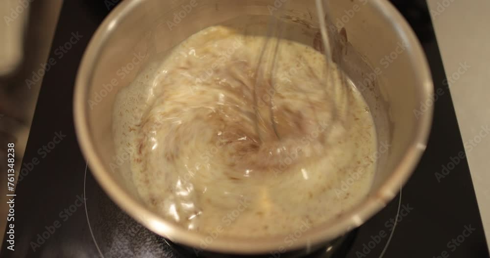 The process of preparing cream, mousse, filler in a metal bowl. Mixing and whisking the ingredients in a bowl. The process of preparing cream, mousse, filler in a metal bowl. Mixing and whisking the ingredients in a bowl.