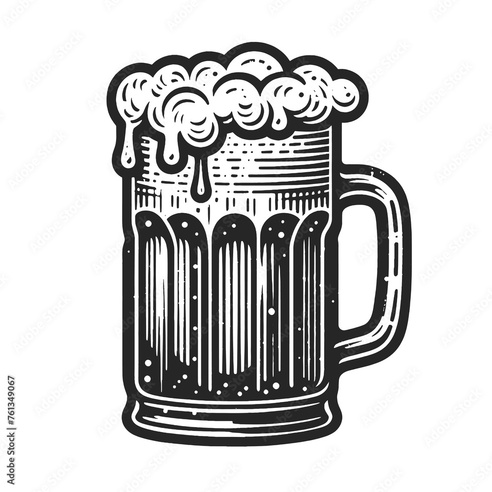 Frothy beer glass mug with bubbles, radiating joy and celebration in classic black and white theme. Sketch engraving generative ai raster illustration. Scratch board imitation. Black and white image. - obrazy, fototapety, plakaty 