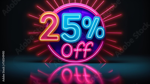 A colourful neon sign Illustrating "25% OFF" with a circle around on a black background