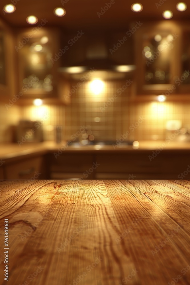 Empty wooden table with blurred kitchen bench background for versatile home decor Empty wooden table with blurred kitchen bench background for versatile home decor