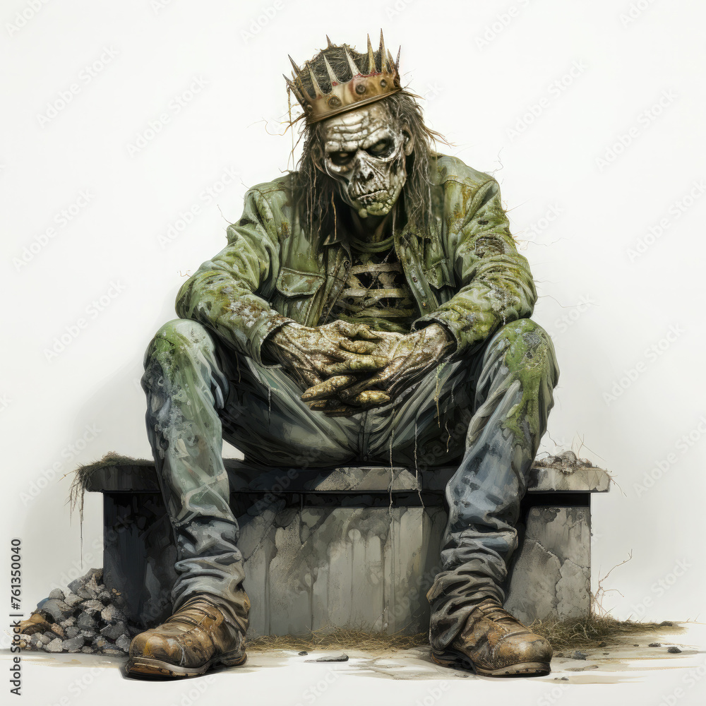 Fototapeta premium Watercolor zombie king sitting, clipart Illustration, Generative Ai