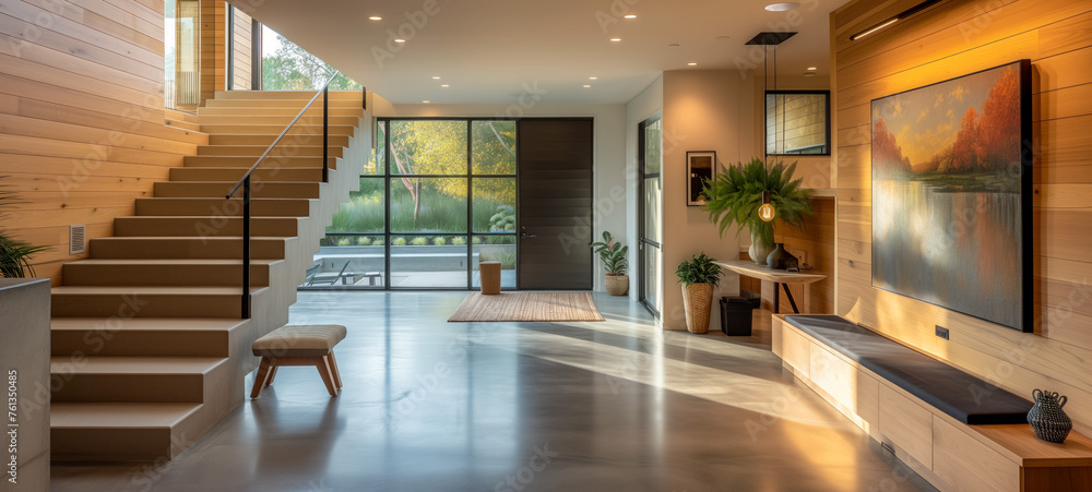 Elegant entryway with wooden stairs and modern artwork in a luxury home Elegant entryway with wooden stairs and modern artwork in a luxury home