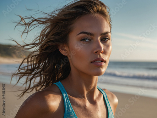 A beautiful woman running on the beach