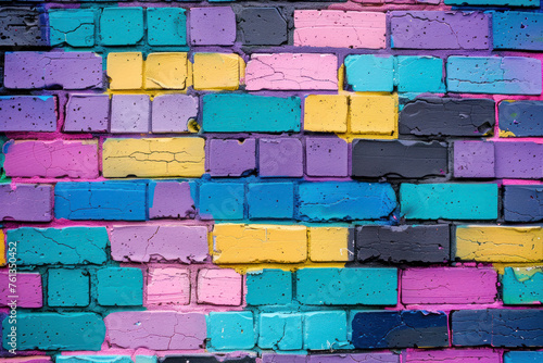 Colorful brick wall painted in various shades of pink, blue, purple, yellow, and black.