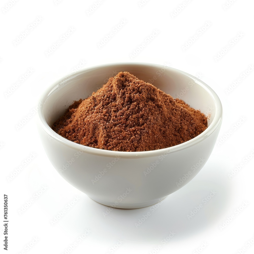 Close-up of ground cinnamon in a white bowl, isolated on a white background. Close-up of ground cinnamon in a white bowl, isolated on a white background.