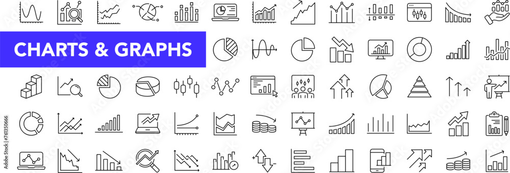 Graphs and Graphs icon set with editable stroke. Charts and diagram thin line icon collection. Vector illustration