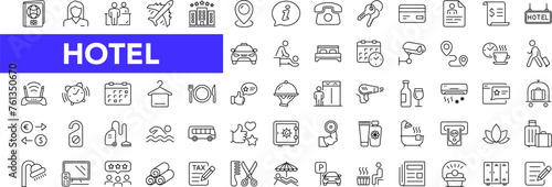 Hotel icon set with editable stroke. Hotel and vacation thin line icon collection. Vector illustration