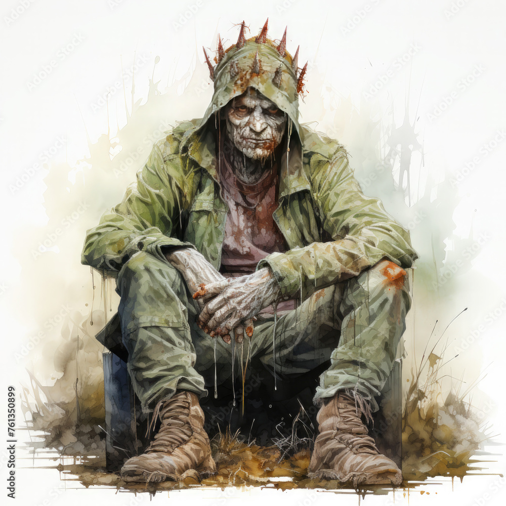 Fototapeta premium Watercolor zombie king sitting, clipart Illustration, Generative Ai