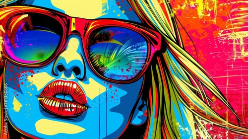 Vintage style  woman in sunglasses against pop art background in 60s 70s disco club culture