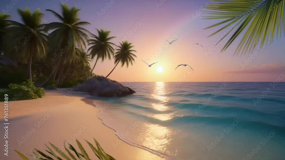 Palm trees on the beach with seagulls and rainbow. Seamless looping time-lapse 4k video animation background Palm trees on the beach with seagulls and rainbow. Seamless looping time-lapse 4k video animation background