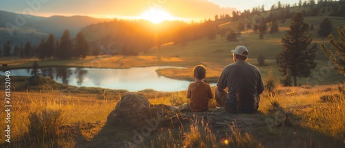 A father and son share a peaceful pause on their hiking trail, overlooking a tranquil lake nestled in the mountains, savoring the golden hour of outdoor travel. photo