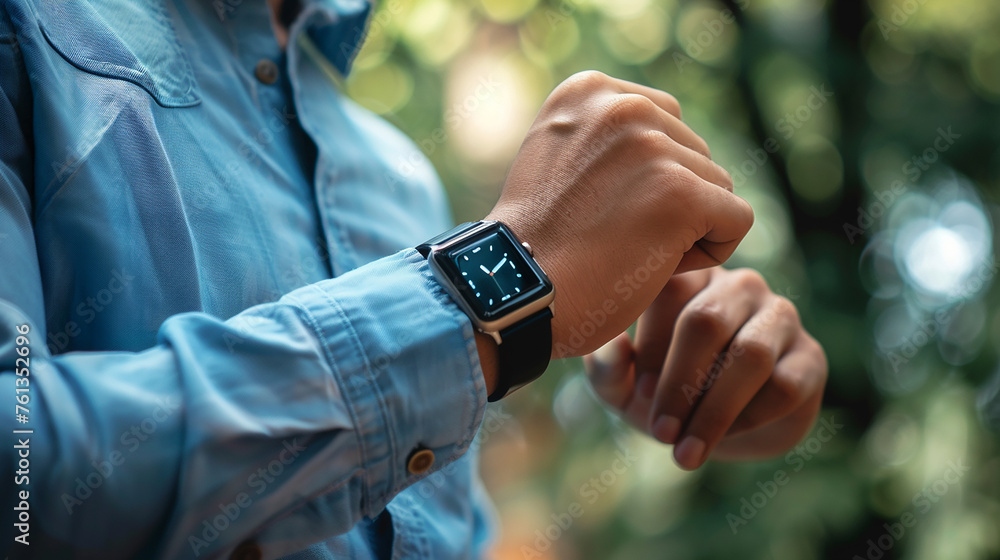 Fototapeta premium Man in Blue Shirt Easily Accessing Smartwatch Features for Convenience and Efficiency