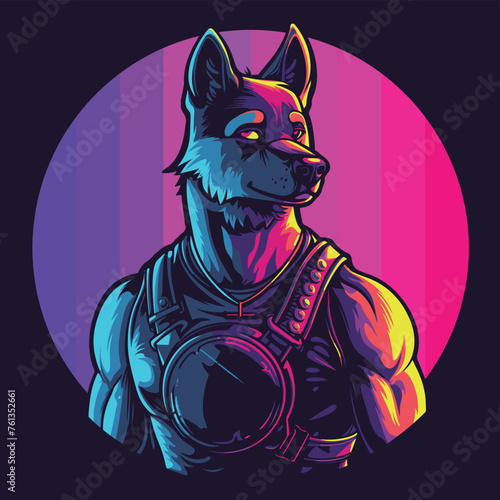 Neon Wolf: anthropomorphic club wolf in stylish attire against a vibrant purple backdrop. Circular graphic gay symbol in curves (vector) photo