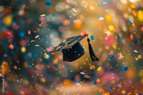 Graduation cap with celebration paper in rainbow colors thrown in the air, Generative AI © HayyanGFX