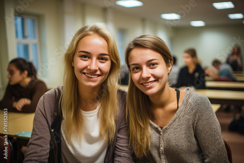 Two young women are seated side by side in a classroom, engaged in conversation or studying together.