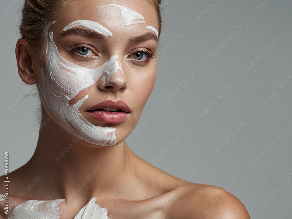 Beauty portrait of a beautiful model with cream on her face Photo skin care and cosmetics Beauty portrait of a beautiful model with cream on her face Photo skin care and cosmetics