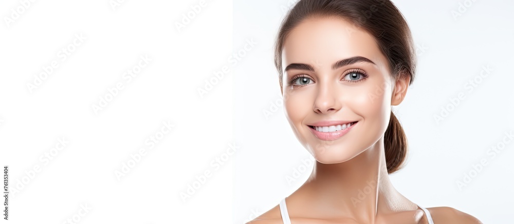 Fototapeta premium A closeup of a happy woman with layered hair wearing headphones and smiling, showcasing her eyelashes, nose, neck, ears, and jewellery. Her gesture suggests shes enjoying an event