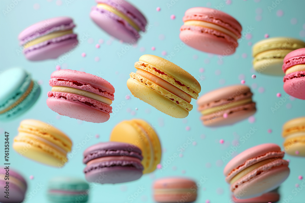 Flying different colorfull macarons on pastel background, pink, yellow, purple, green color macaroons Flying different colorfull macarons on pastel background, pink, yellow, purple, green color macaroons