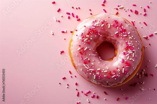 Colourful glazed doughnuts donuts with sprinkles isolated on pink background. Top view, mock up, copy space, flat lay