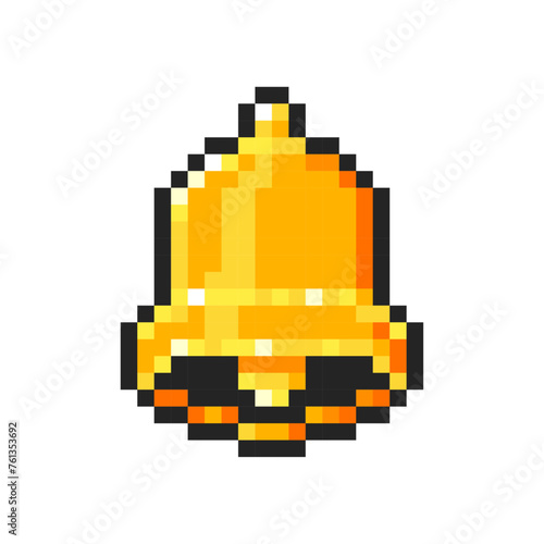 Pixel golden bell isolated on white background. School bell symbol. Slot machine or video game item. Vector pixel art illustration in 8-bit old style.