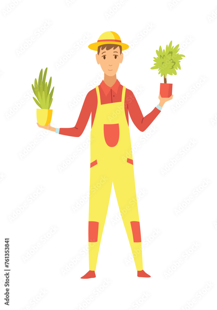 Urban gardening, person who takes care of plants. Ecological and sustainable green lifestyle. Urban environment concept. City parks element for advertising flyer. Vector illustration Urban gardening, person who takes care of plants. Ecological and sustainable green lifestyle. Urban environment concept. City parks element for advertising flyer. Vector illustration