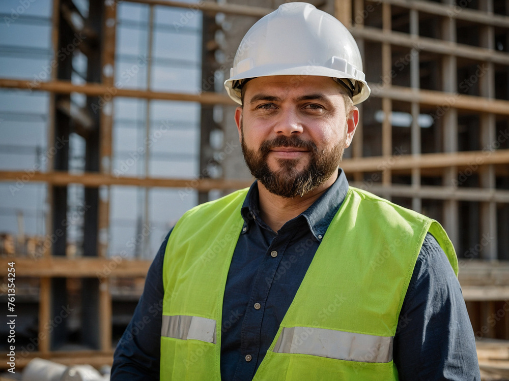 A stern male architect stands proudly against the background of a house being built A stern male architect stands proudly against the background of a house being built