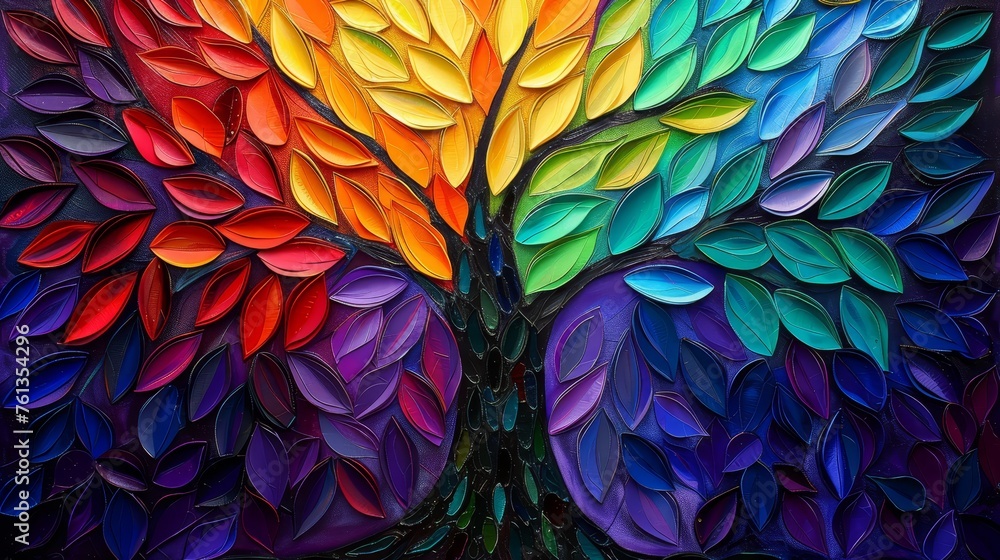 Vibrant 3d tree abstraction  colorful leaves on hanging branches, ideal for interior mural wallpaper