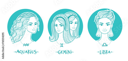 Air zodiac signs girls collection. Vector illustration of beautiful women. Gemini, Libra and Aquarius horoscope set.